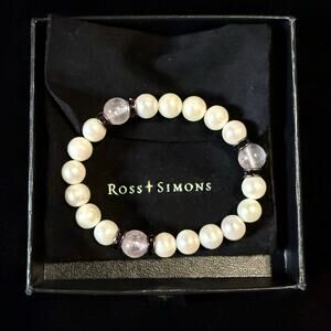 Ross-Simons Cultured Pearl and Rose Quartz Stretch Bracelet with Purple CZ 7.75”